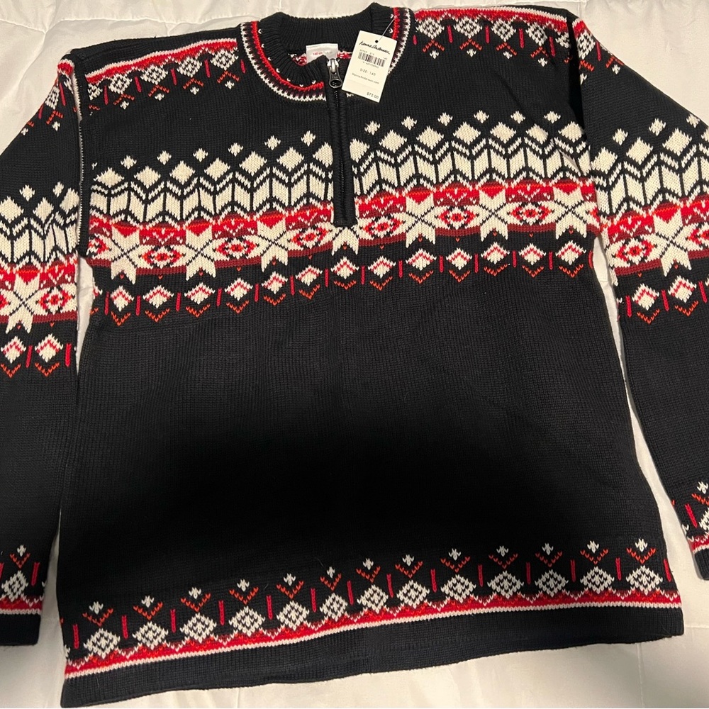 Hanna Andersson Boys Fair Isle snowflake cotton sweater black & red NWT NEW